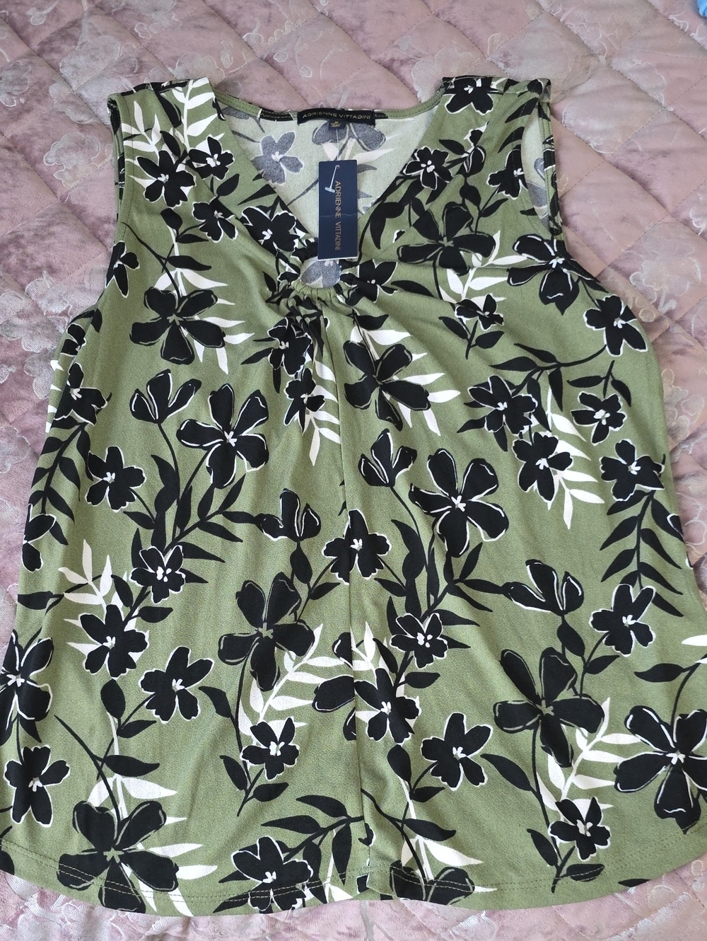 Adrienne Vittadini Olive Green Black White Floral Sleeveless Blouse